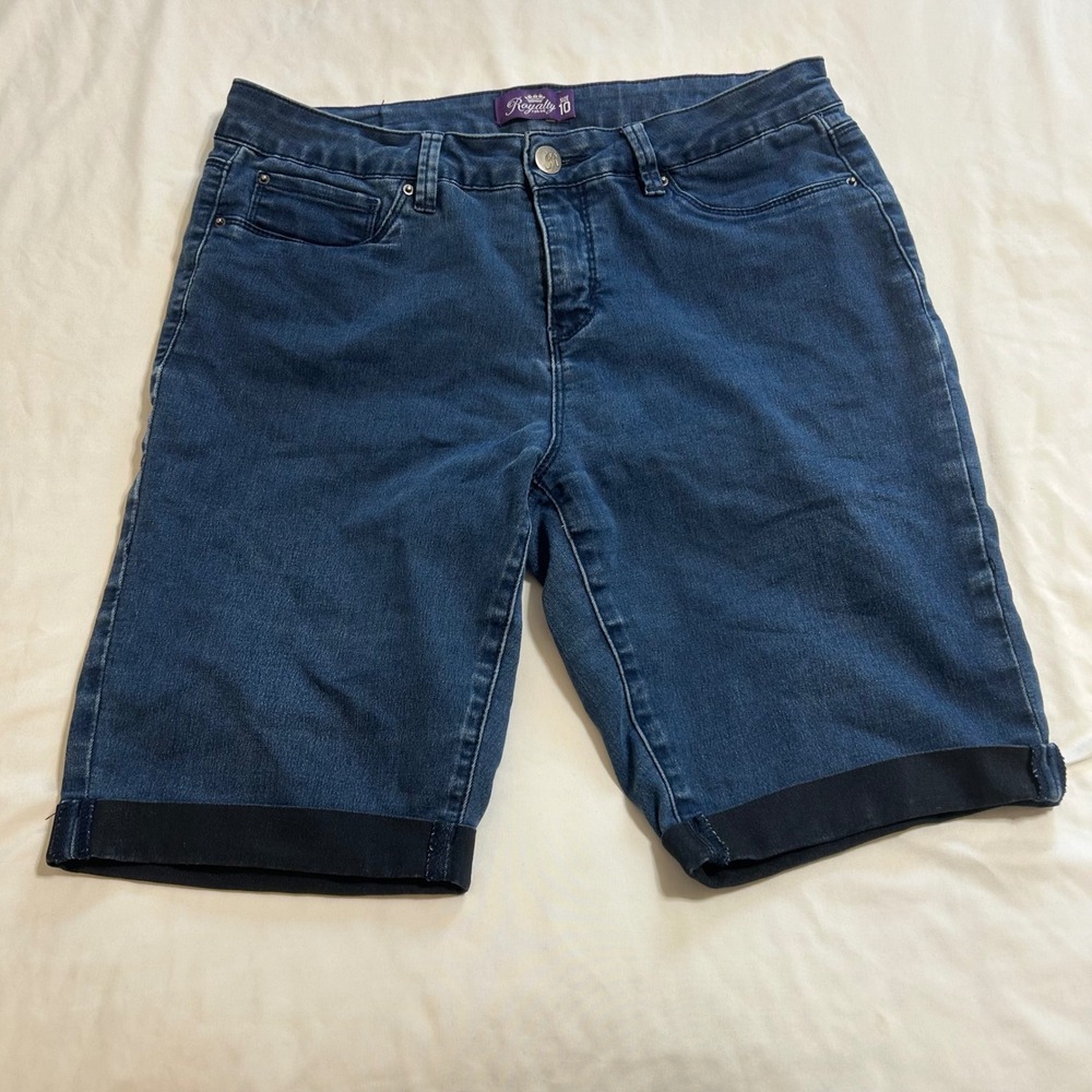 Royalty For Me Womens Denim Bermuda Shorts Dark Wash Cuffed Stretch Size 10